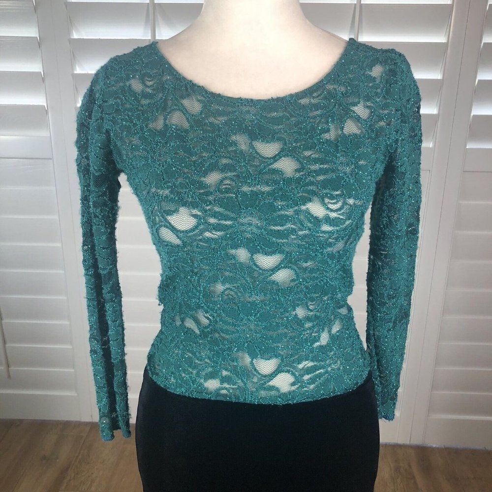 Vtg Handmade Lace Velvet Stretch Sheath Dress Small Green Black Sheer Cocktail